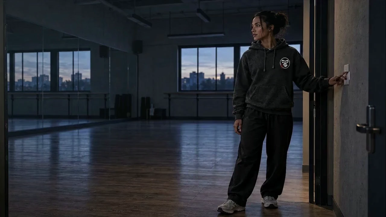 Illustrative Guerrilla Camp campaign image of a dancer in a dark hoodie in a studio