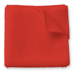 A folded red microfibre cloth