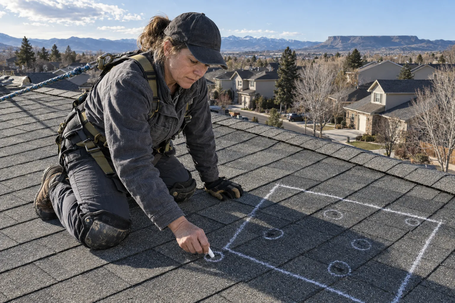 Dana Ruiz kneels on a shingle roof in a safety harness and circles a hail hit in chalk inside a chalked test square; the foothills and a flat-topped mesa are behind her