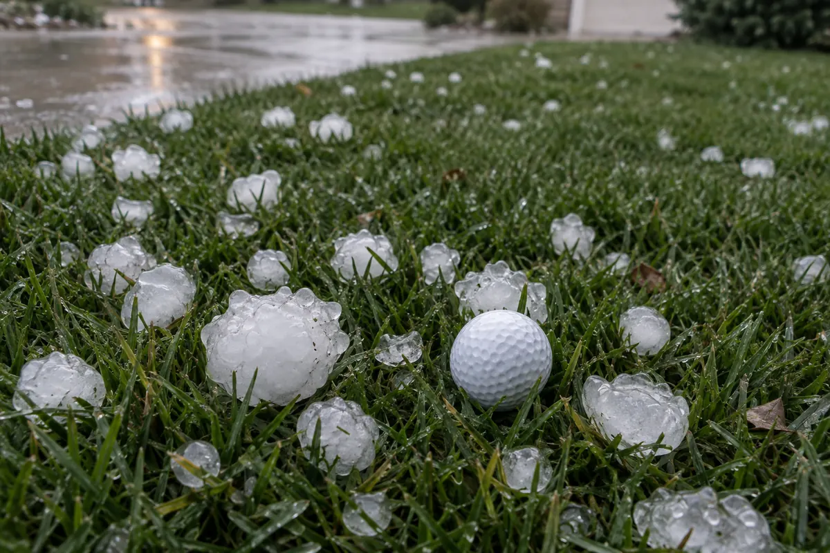Lumpy hailstones on a wet lawn around a golf ball; the biggest are as large as the ball or larger