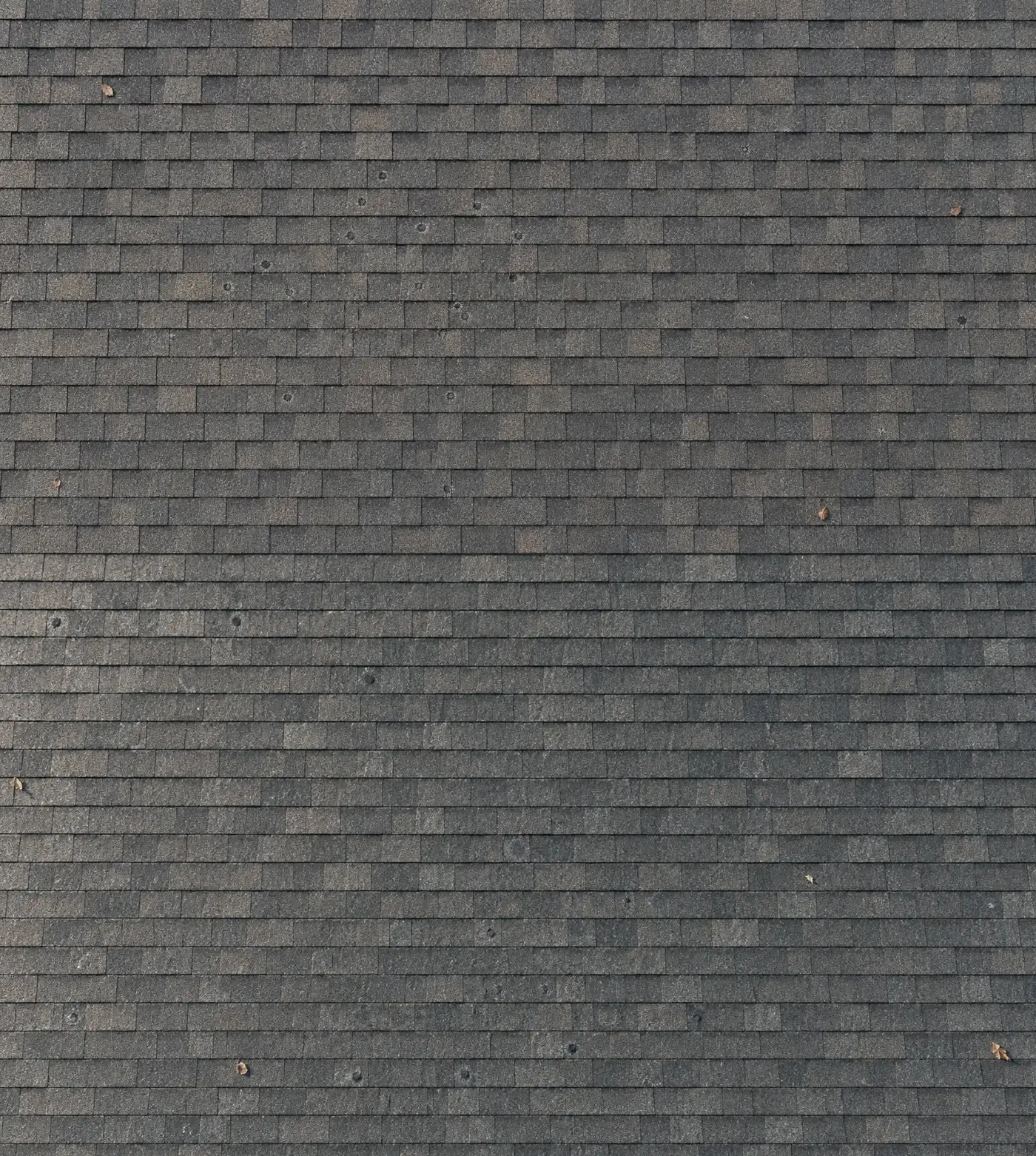 Drone photo looking straight down on a weathered charcoal shingle roof with dozens of dark, round hail bruises