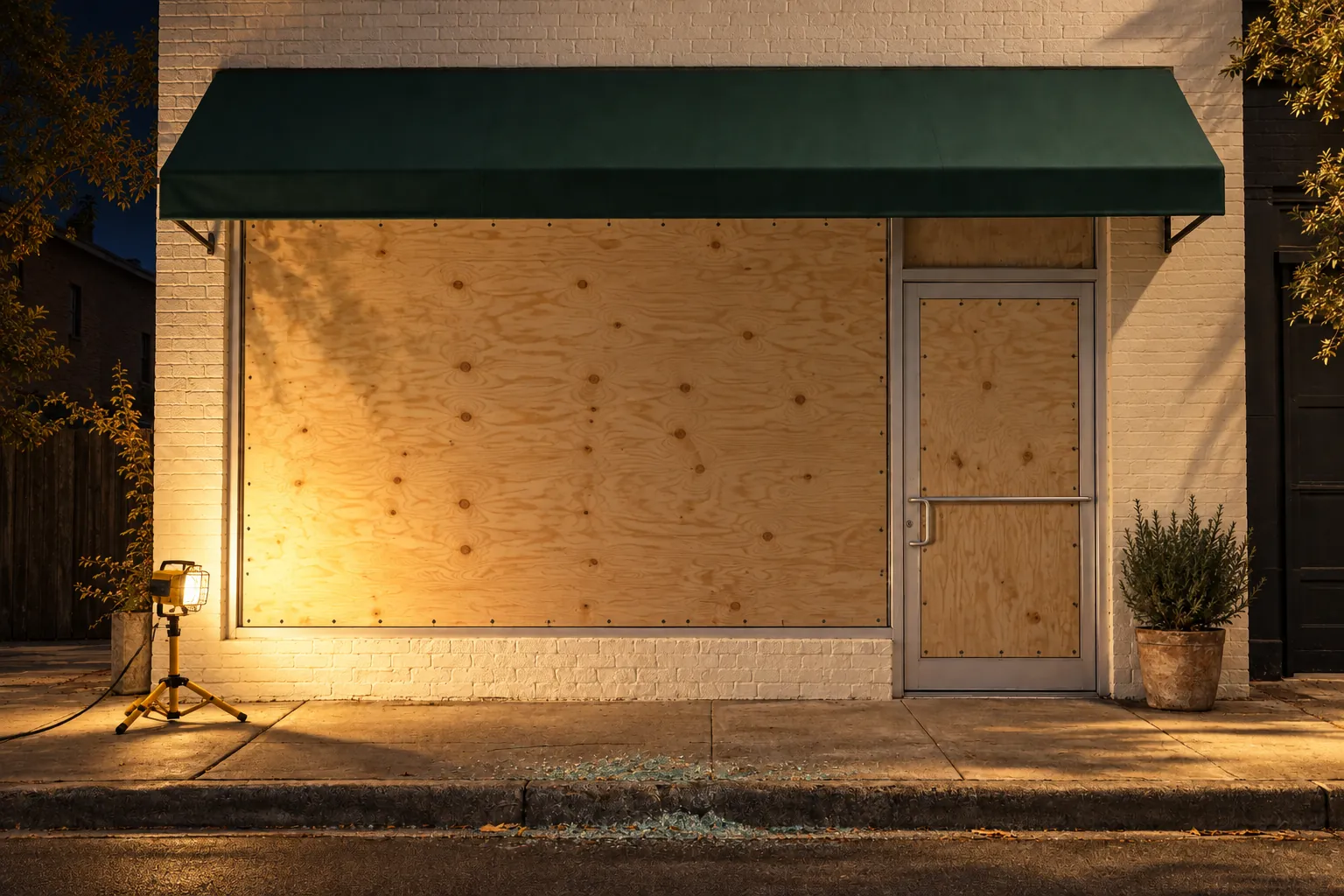 The bakery at night, its big window and door covered with fresh plywood under a work light.