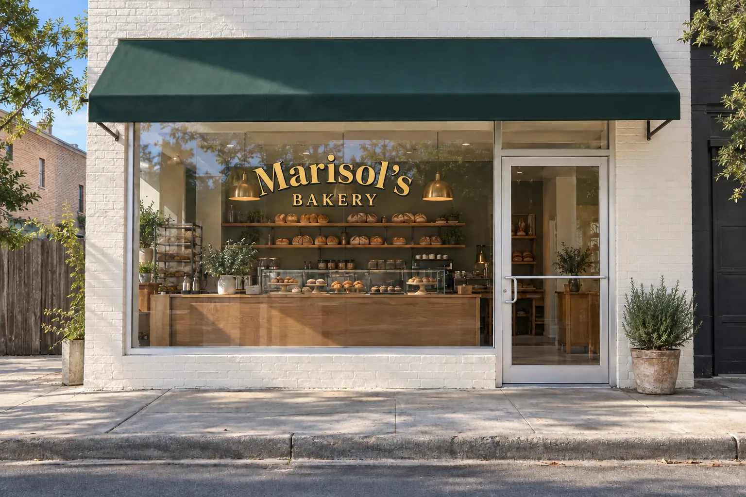 The same bakery the next afternoon with new clear glass and gold letters that say Marisol's Bakery.