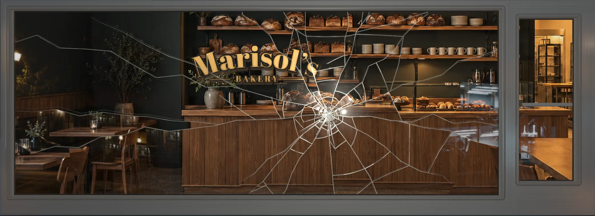 A bakery's shop window at night, cracked like a spider web around the spot a brick hit.