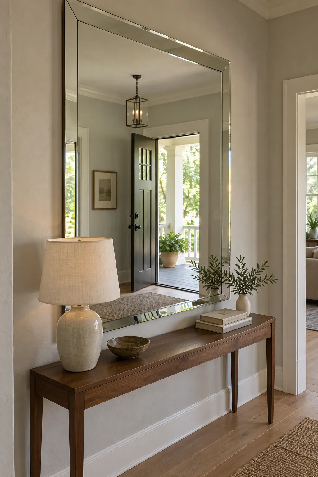 A big mirror with a wide bevel above a walnut table in a bungalow hall.