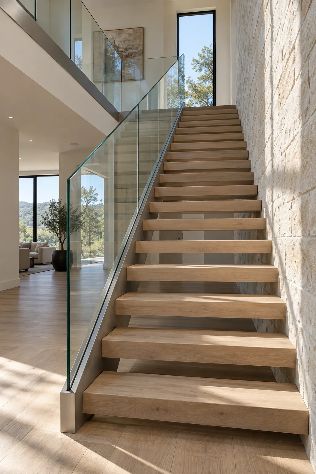 An oak stair with a glass rail: tall clear panels in a steel shoe, with a faint green edge.