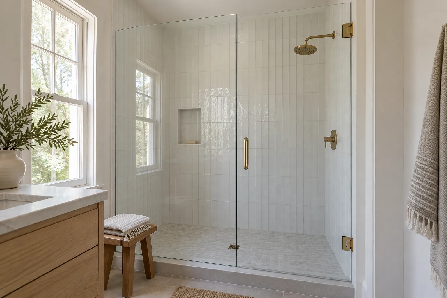 A bright bathroom with a clear glass shower door and panel on brass hinges, white tile behind.