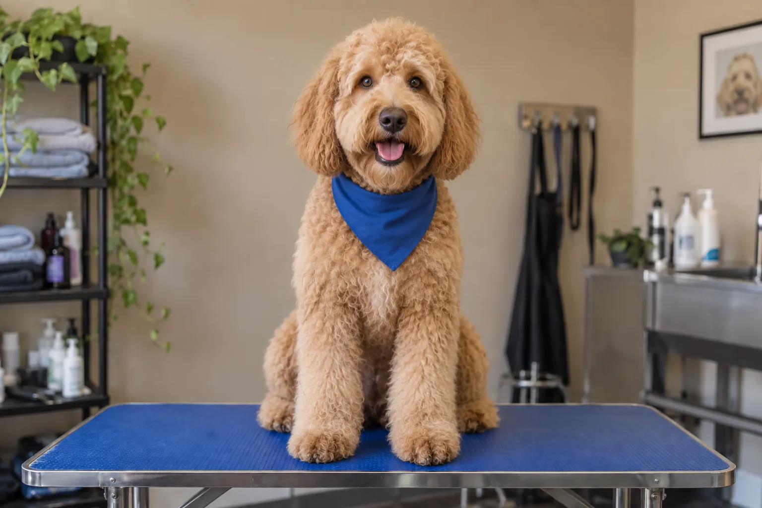 After: Maple with a clean, even teddy-bear coat and a blue bandana, smiling on the same table