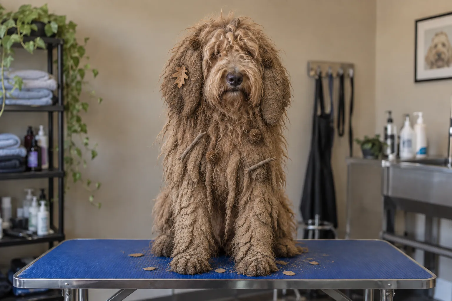 Before: Maple, an apricot goldendoodle, on the grooming table with dried mud caked up her legs, felted ears, and burrs and a dry leaf stuck in her coat