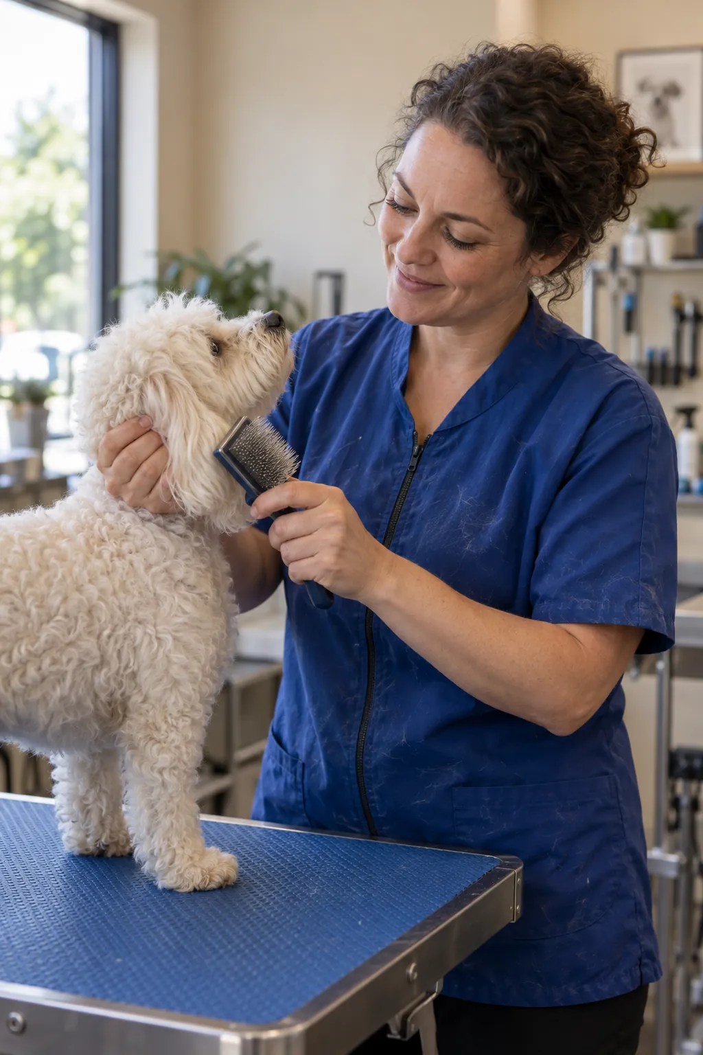 Maren, the groomer, smiling as she brushes the ear of a small white curly dog on a blue grooming table