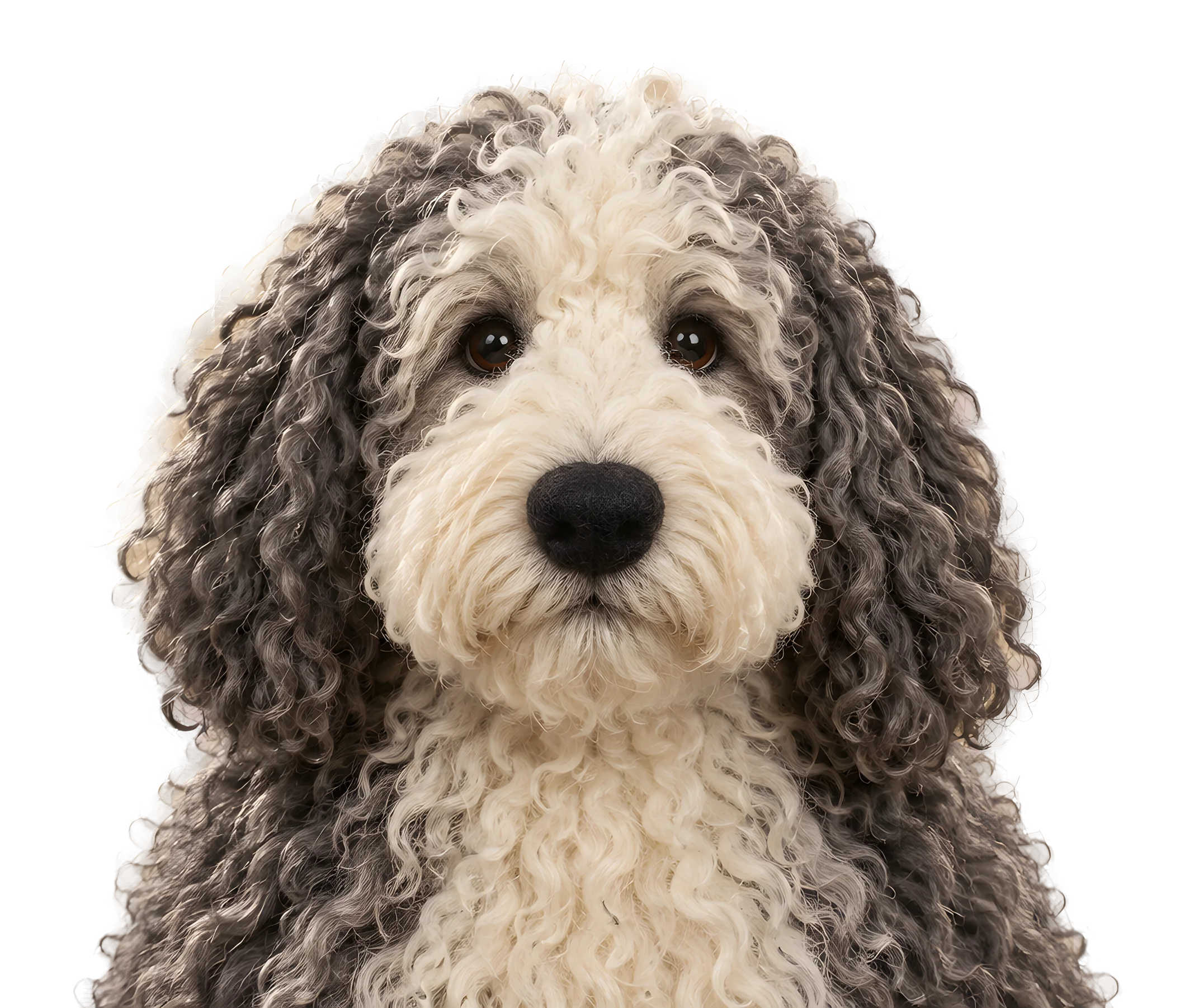 Huck, a big shaggy grey and cream doodle, peeking up from the bottom of the page