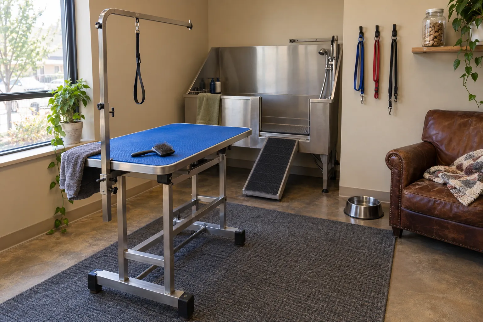 The grooming room at Good Dog: one grooming table, a walk-in tub with a ramp, a leather armchair in the corner, leashes on hooks and a jar of treats