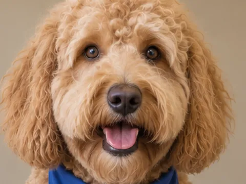 Maple after her groom, smiling, with a blue bandana