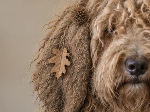Maple's ear, felted into one mat, with a burr and a dry leaf stuck in it