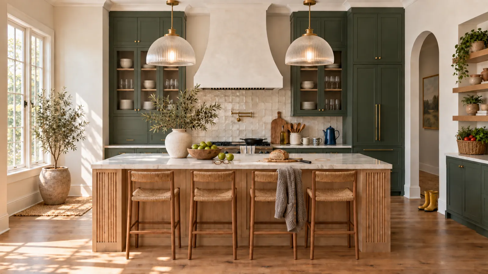 Job 26-114 finished: sage-green inset cabinets with brass knobs, a plaster hood over zellige tile, a rift-oak island with fluted posts and rush stools.