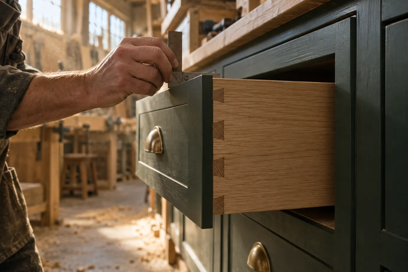 A painted green drawer pulled open, showing dovetailed oak sides and a brass cup pull, with a hand checking the corner with a small square.