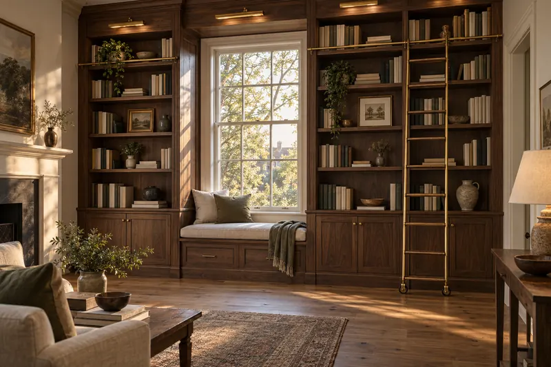A walnut library wall with a window seat between two bookcases, picture lights and a rolling brass ladder.