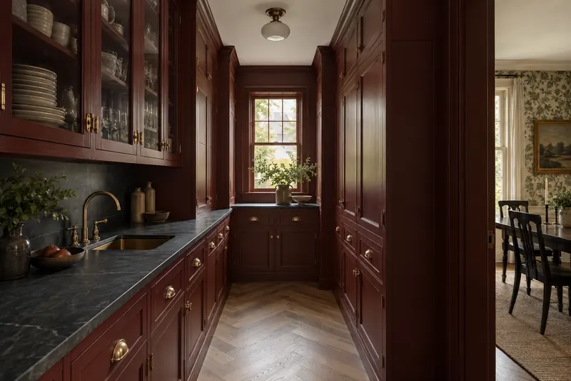 A narrow butler's pantry with oxblood-red cabinets to the ceiling, glass doors up top, a dark soapstone counter and a brass sink.
