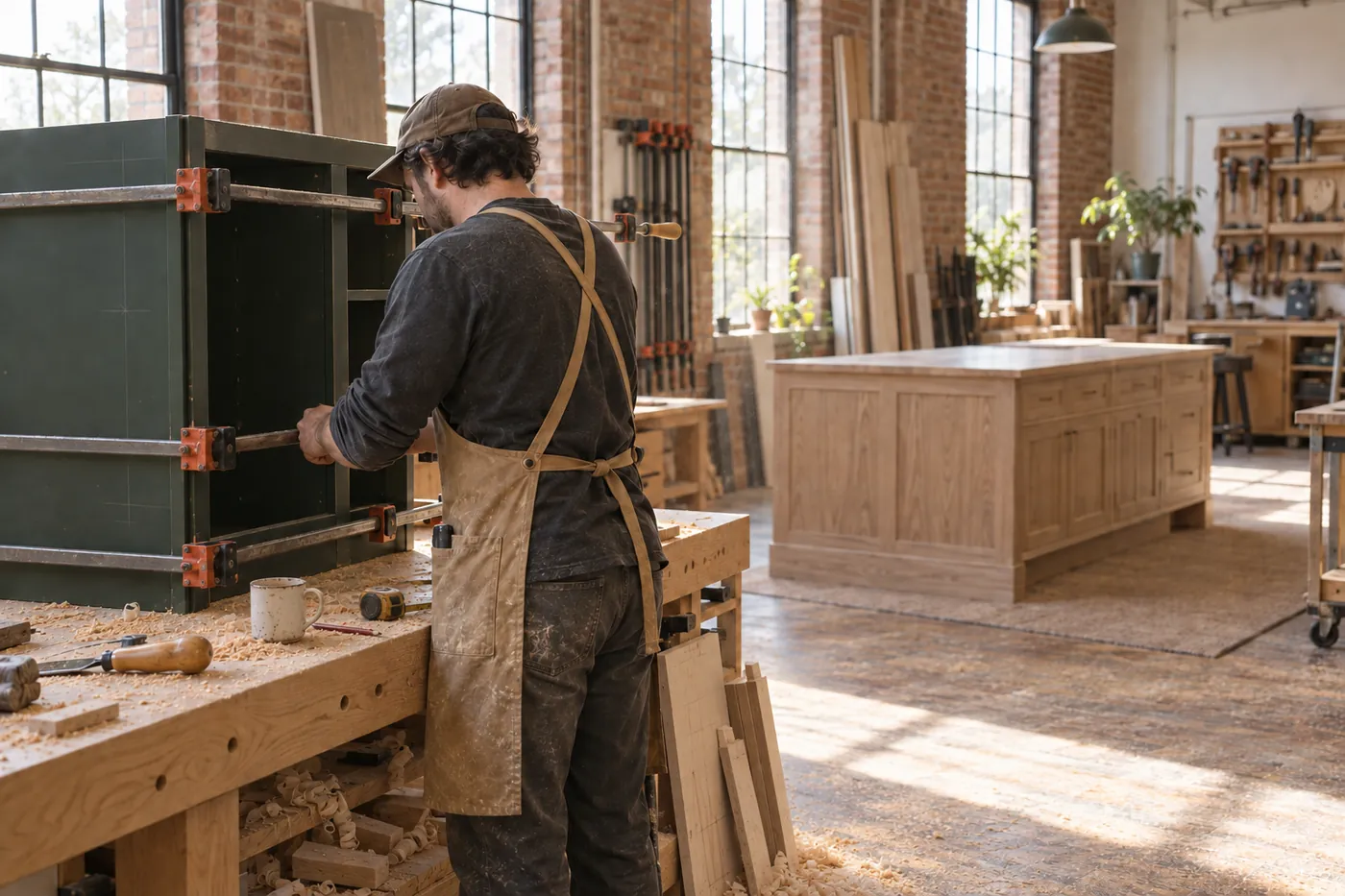 A cabinetmaker in a canvas apron clamps a green cabinet box on a bench covered in sawdust, with an oak island behind him.