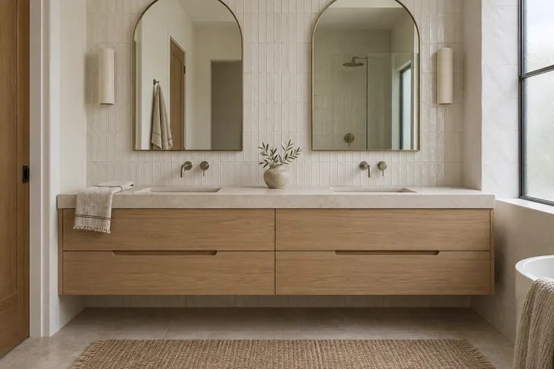 A floating double vanity in pale oak with a limestone top, under two arched brass mirrors.