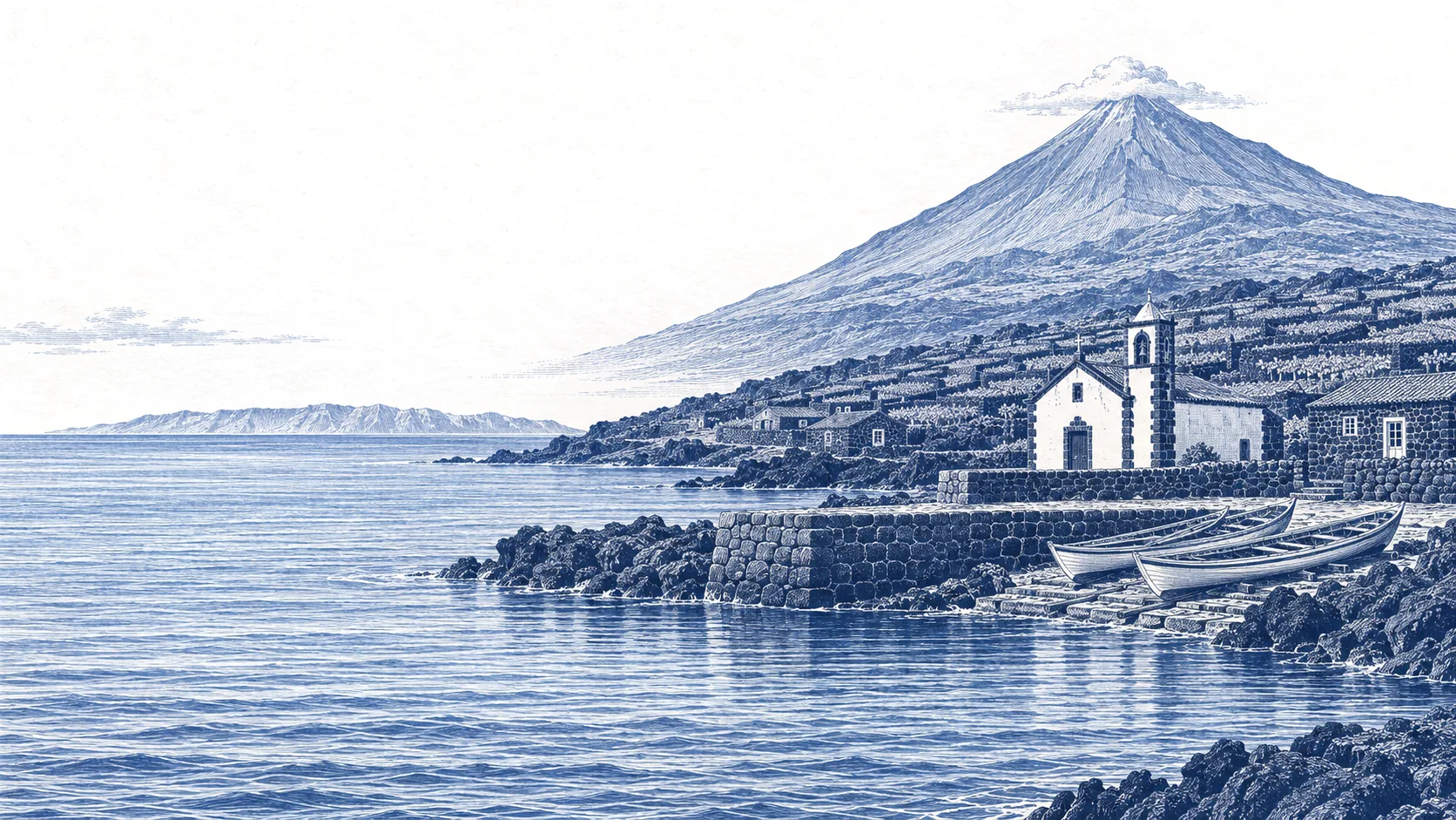 A blue engraving of a small whaling harbour on Pico in the Azores: black lava rocks, a stone quay with two whaleboats pulled up, a white chapel with a bell tower, stone cottages and vineyard walls, and the cone of Mount Pico with a cloud on its top