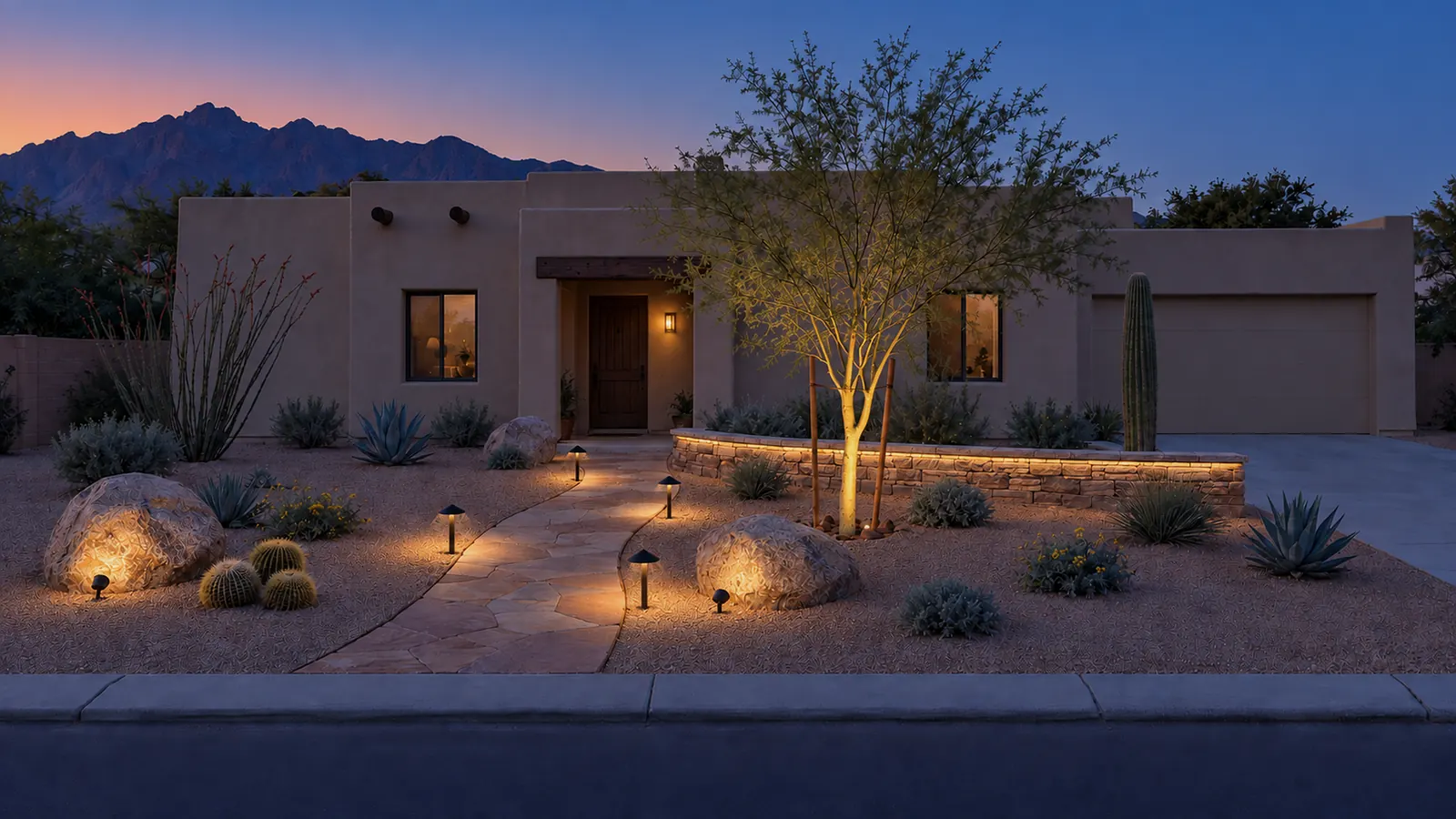 The same front yard in the blue hour with the lights on: path lights on the flagstone, an uplit palo verde, lit boulders, a glow along the seat wall and the porch light