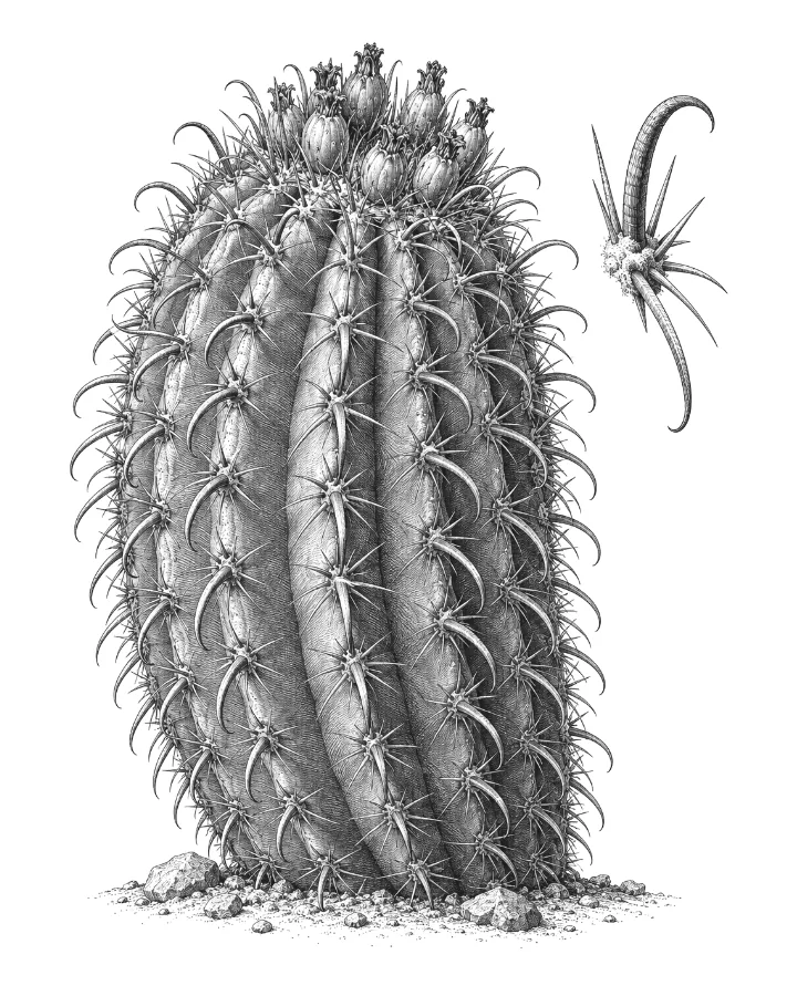 Engraved plate of a fishhook barrel cactus with hooked spines and a ring of fruit