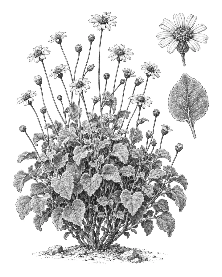 Engraved plate of a brittlebush with felted leaves and daisy-like flowers