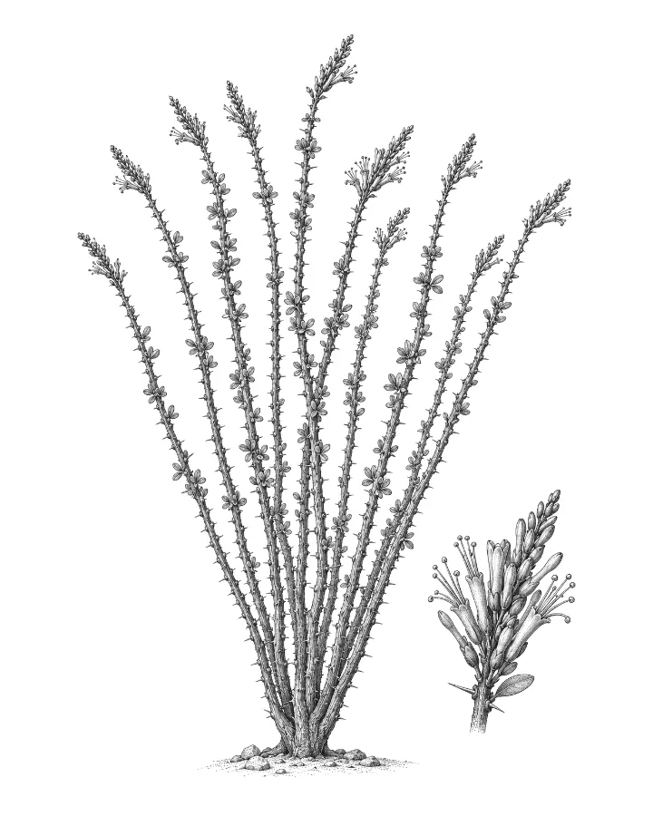Engraved plate of an ocotillo with long spiny canes and tubular flowers