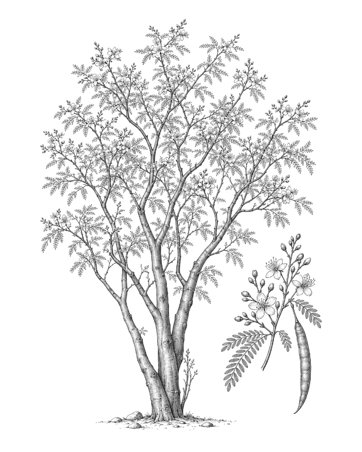 Engraved plate of a young palo verde tree with a flowering sprig and seed pod