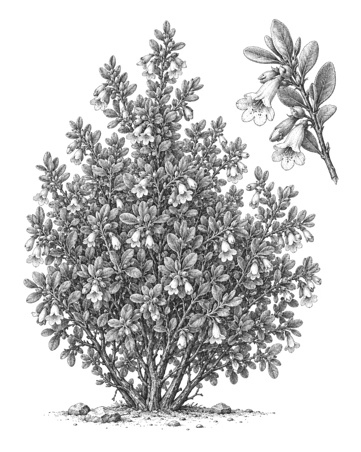 Engraved plate of a Texas ranger shrub covered in bell-shaped flowers