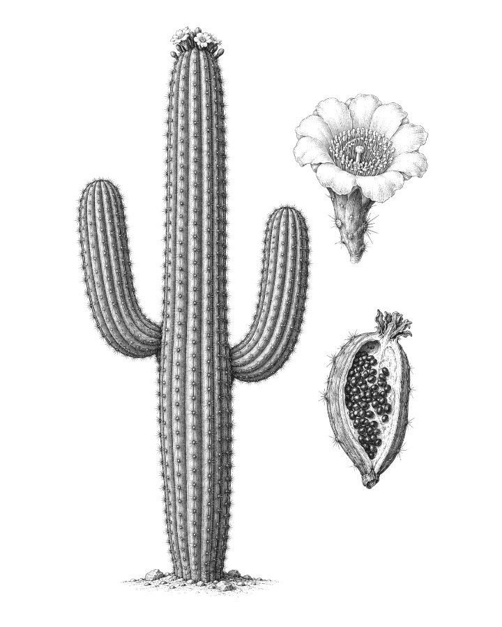 Engraved plate of a saguaro with two arms, a flower and a split fruit