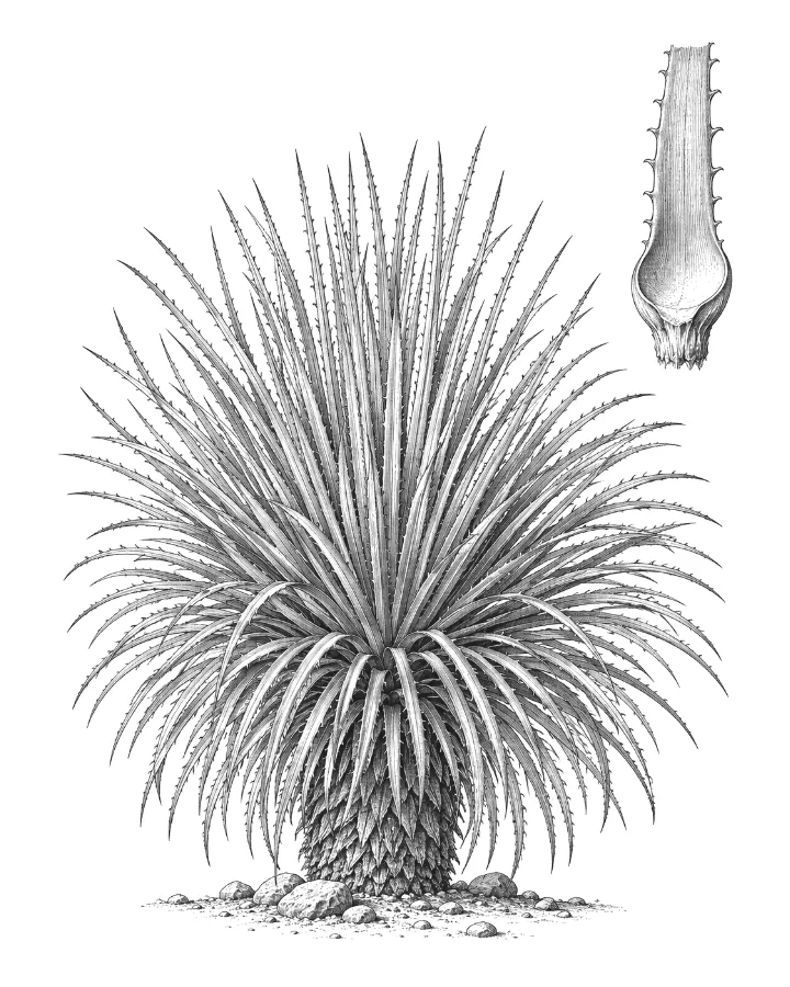 Engraved plate of a desert spoon rosette with a study of its spoon-shaped leaf base