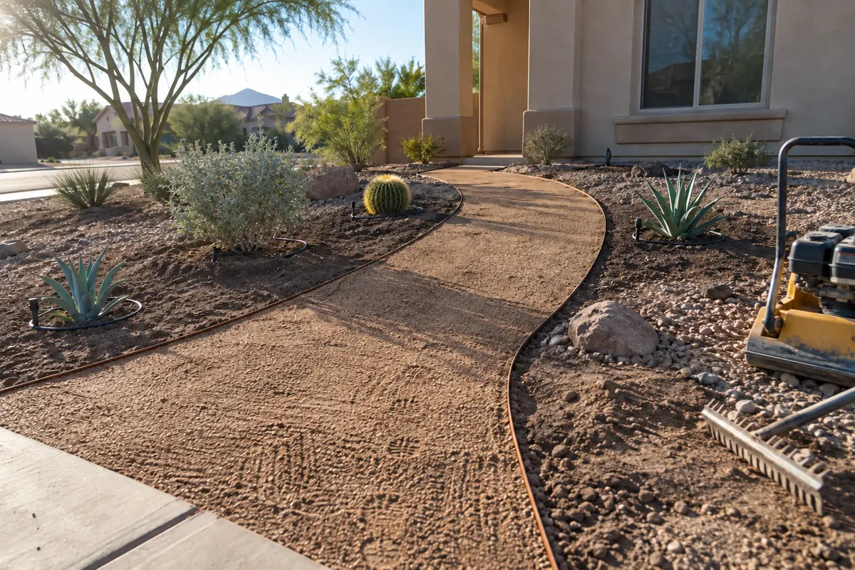 A new decomposed granite path in rusted steel edging, still showing boot prints, with young agaves on drip rings and a plate compactor and rake beside it