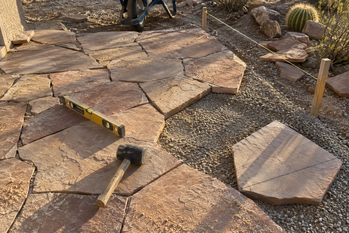 Arizona flagstone being fitted on a compacted gravel base, with a rubber mallet, a level and a string line
