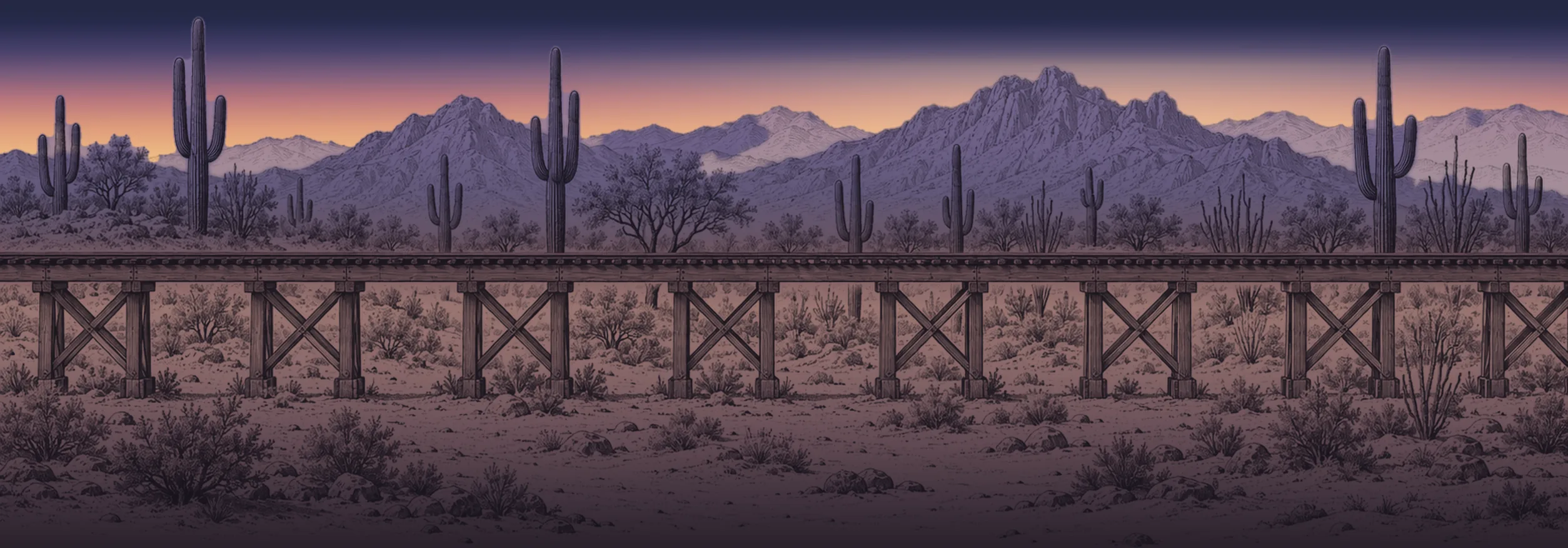 A hand-coloured engraving at dusk: a timber railroad trestle over a dry wash, saguaros on the far bank and the Santa Catalina Mountains against the afterglow