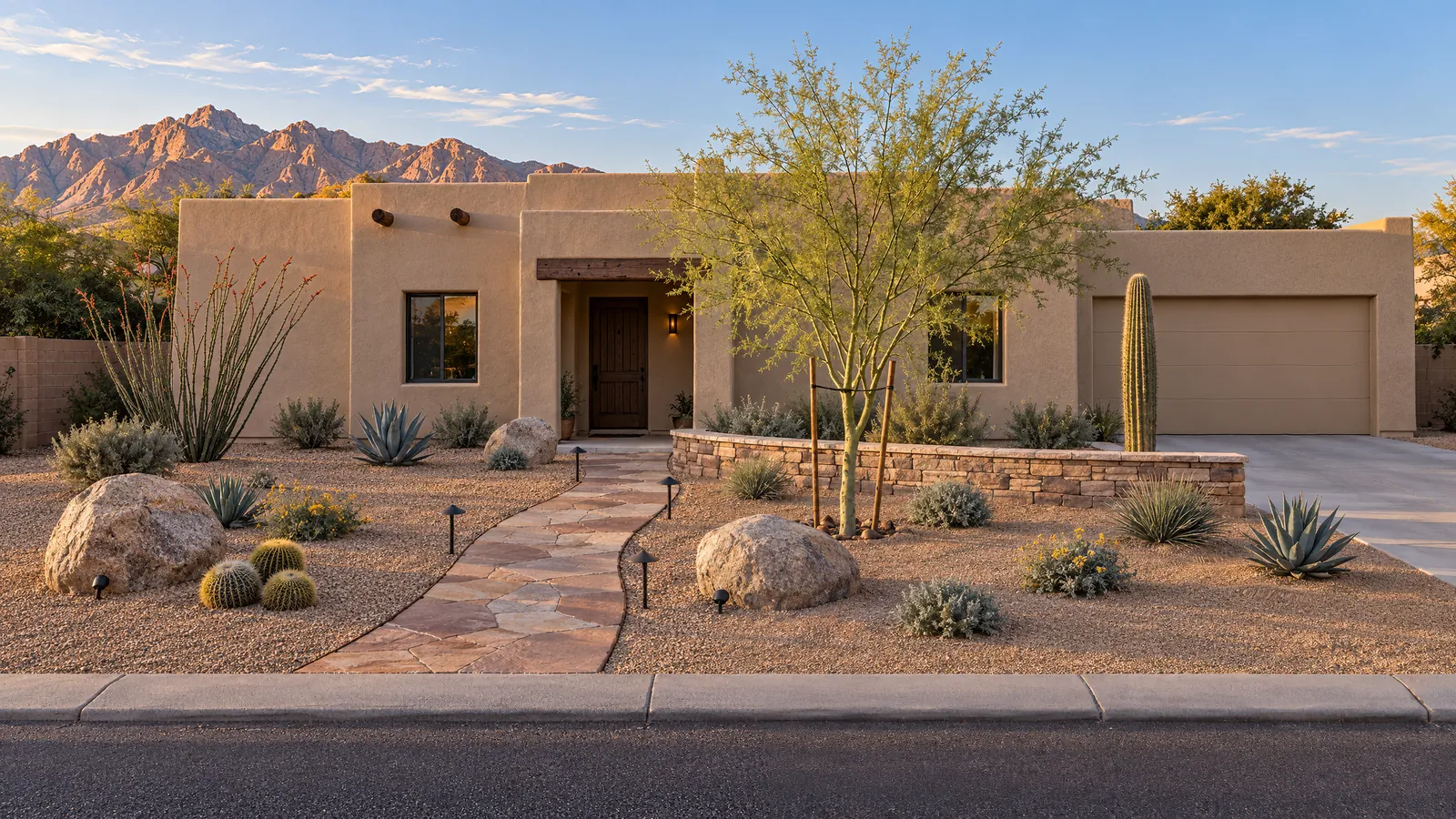 The finished front yard in the evening sun on the day the crew left: a flagstone path to the door, a curved stone seat wall, granite boulders, a young palo verde on stakes, a saguaro, an ocotillo and small agaves, cacti and shrubs in fresh granite